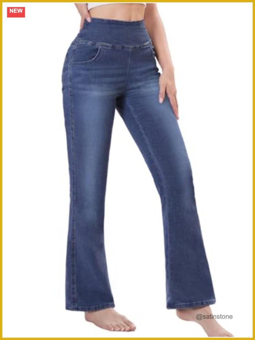 Pull on Flare Bell Bottom Boot Cut Jeans High Waisted Stretchy Tummy Control